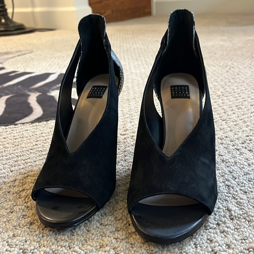 White House Black Market black suede, snake skin print heels.